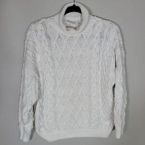 Vintage Nisha Chunky Cable Knit Fisherman Sweater Roll Neck 100% Cotton Ivory